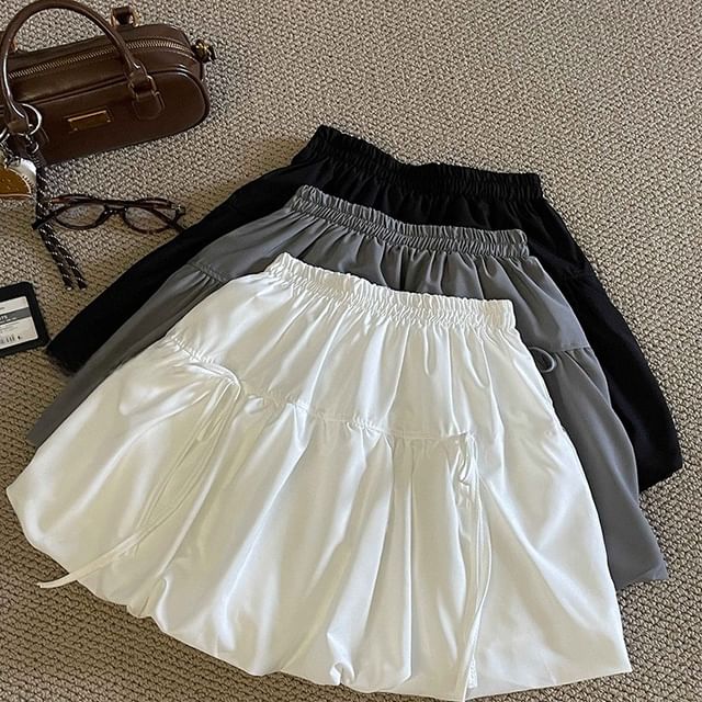 DIYI-High Waist Plain Bubble Mini Skirt