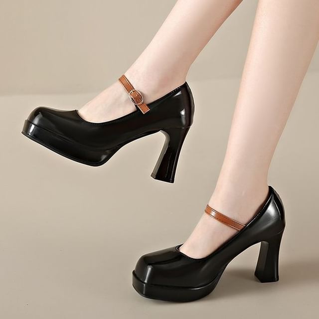 Gordong-Block Heel Square Toe Plain Mary Jane Pumps