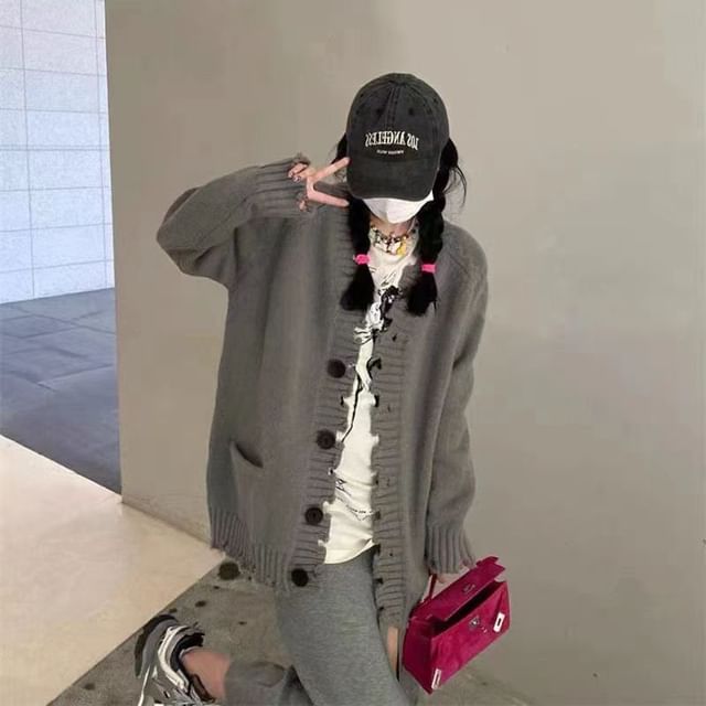 Everose-V-Neck Plain Distressed Cardigan