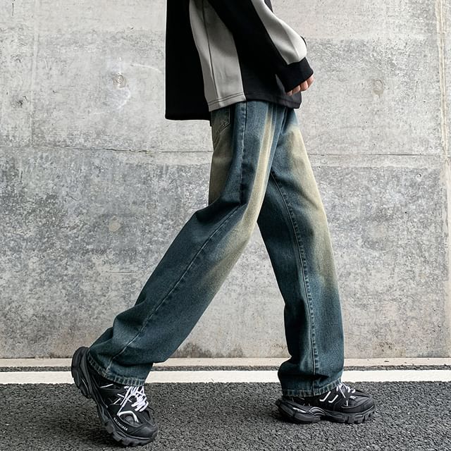 YERGO-Mid Rise Washed Straight Leg Jeans