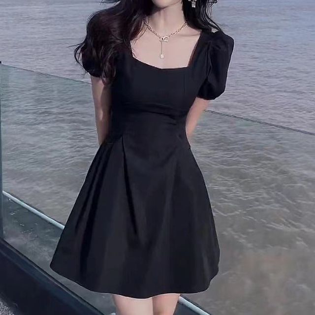 Sienne - Puff-Sleeve Square Neck Plain Mini A-Line Dress | YesStyle