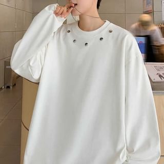 Whyessa-Long Sleeve Round Neck Stud Loose Sweatshirt