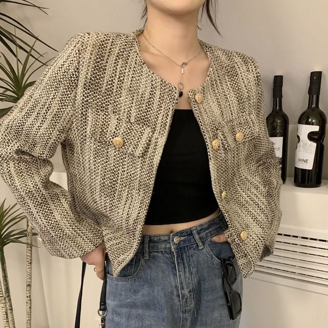 Metonymph-Long Sleeve Round Neck Cropped Tweed Jacket