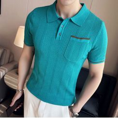Nightbell - Short-Sleeve Ribbed Polo Knit Top