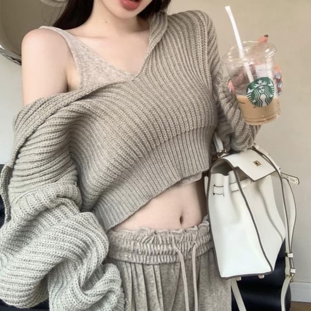 Essere-Mock Two-Piece Cold-Shoulder Plain Crop Sweater