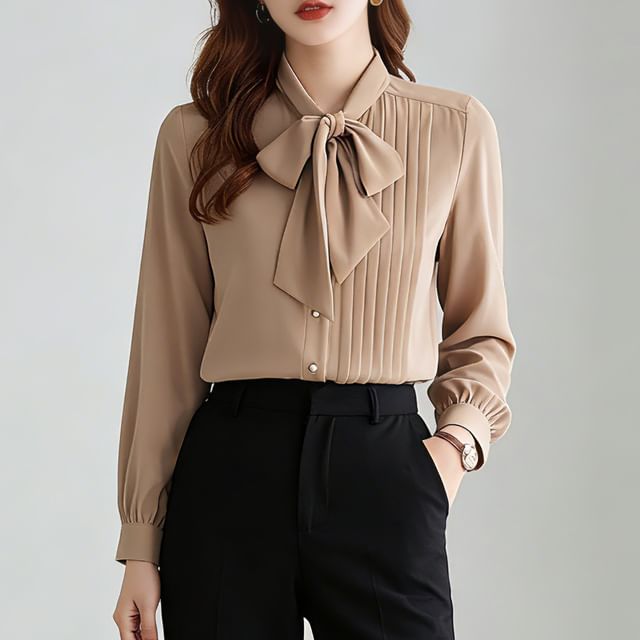 INEN-Long-Sleeve Tie-Neck Plain Pintuck Blouse
