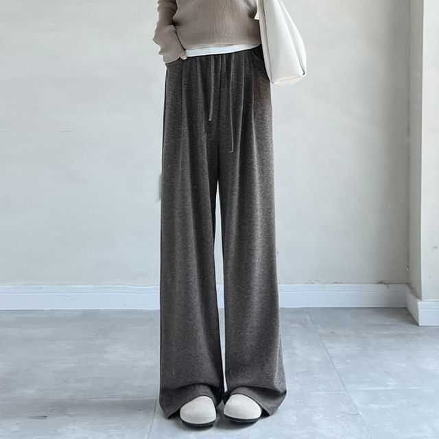 evanesce-Plain High Waist Drawstring Pocketed Wide Leg Pants