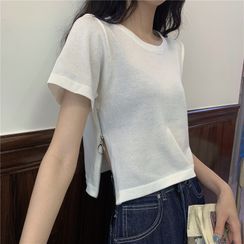 Yako - Short-Sleeve Zip-Accent Cropped T-Shirt Yako - Short-Sleeve Zip-Accent Cropped T-Shirt