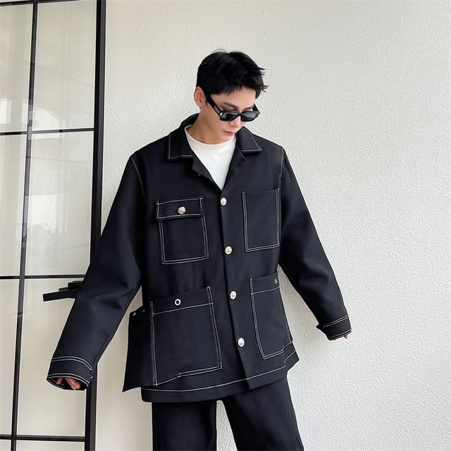 Patow-Collared Contrast Stitched Button-Up Jacket