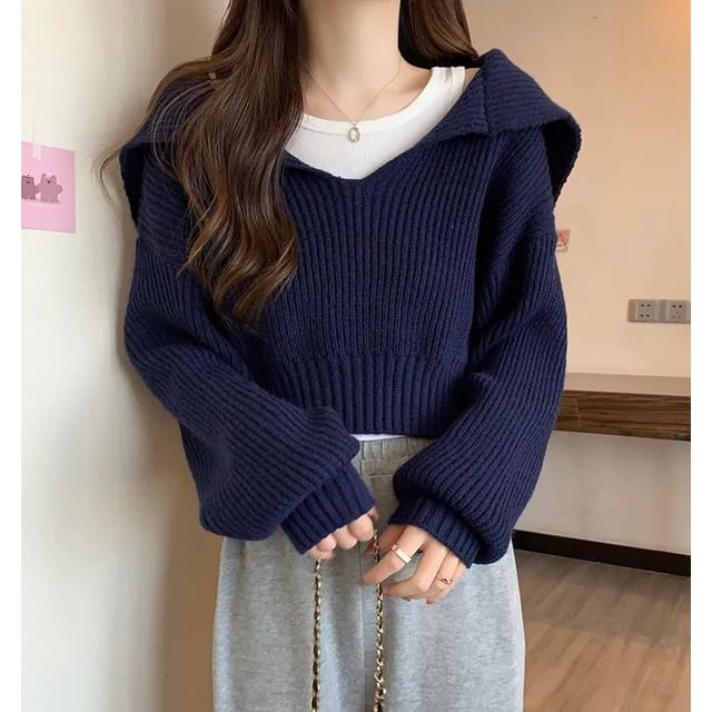 PINPI-Einfarbiger Crop-Pullover mit Matrosenkragen