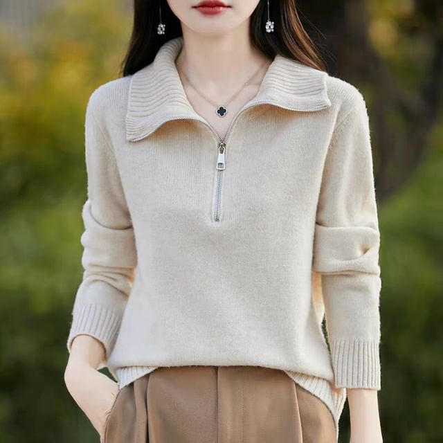 Jeonseon-Long-Sleeve Plain Half-Zip Collared Sweater