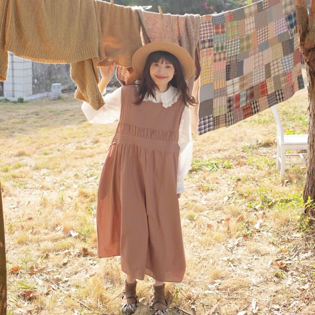 PANDAGO-Plain Ruched Maxi Pinafore Dress