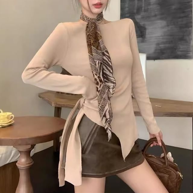 Allinya-Boat Neck Plain Asymmetrical Sweater