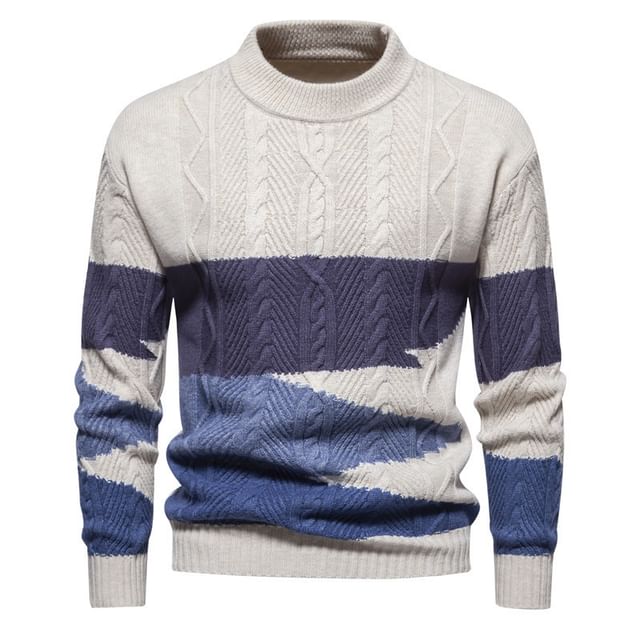 YIKES-Crew Neck Color Block Striped Cable Knit Sweater