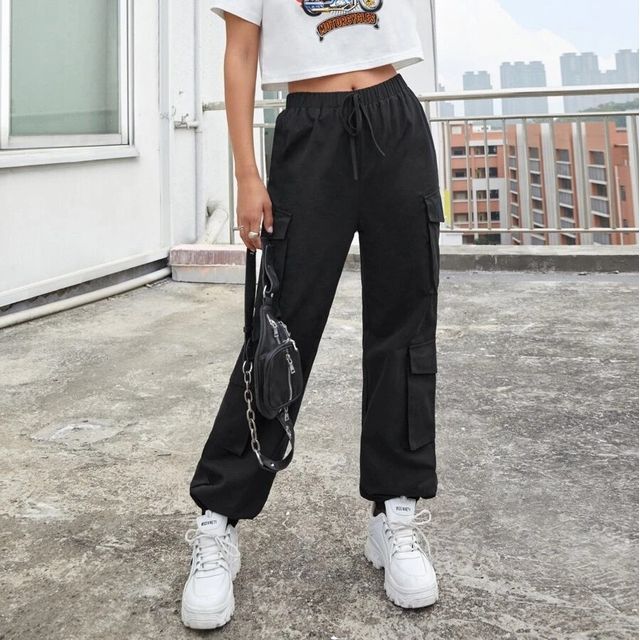 Bolgivy-Drawstring Waist Plain Harem Cargo Pants