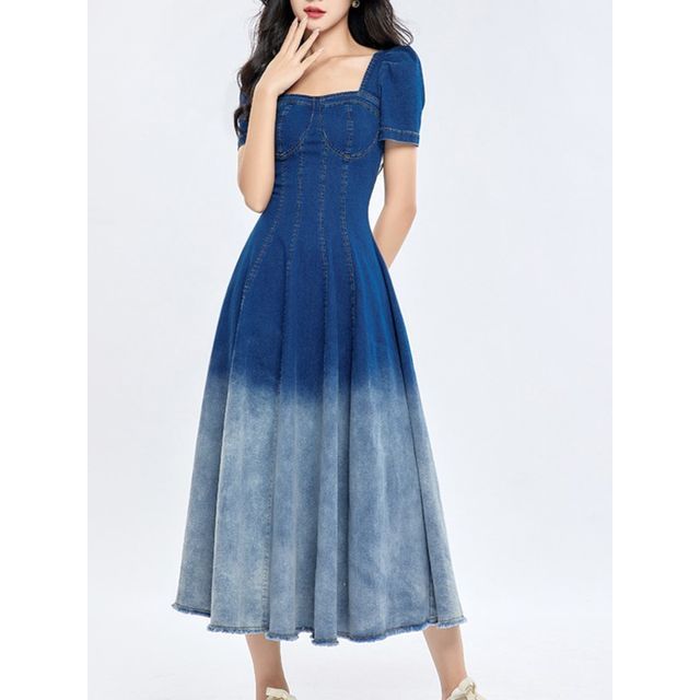 white christmas dresses Short Sleeves Denim Ombre Waisted Dress Light Blue / 16 main image 1