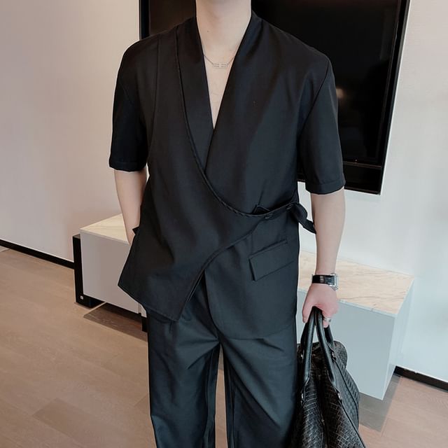 Orungeetun-Short-Sleeve V-Neck Plain Blazer