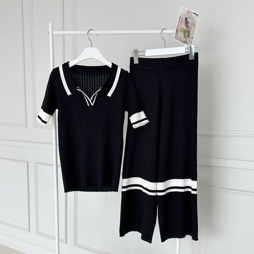 Contrast-Trim Rib-Knit Polo Shirt & Wide Pants Set