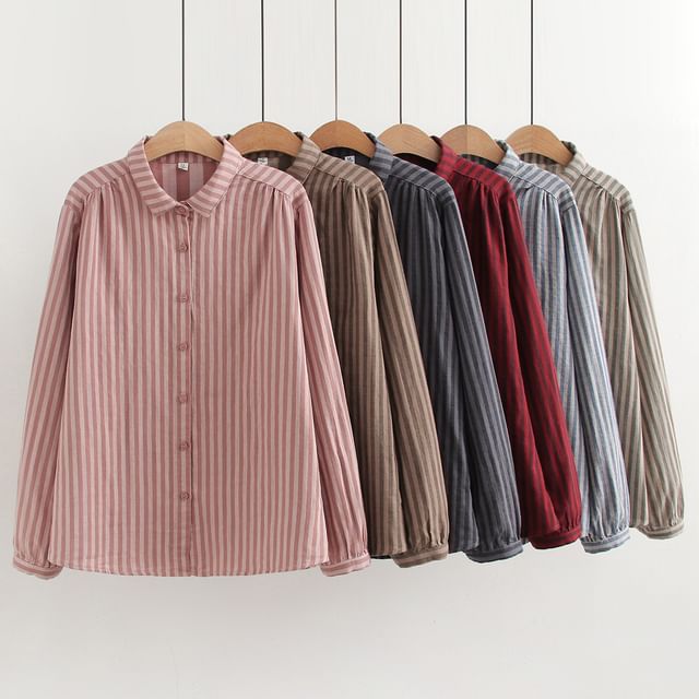Suzette-Long Sleeve Collared Striped Button Down Shirt