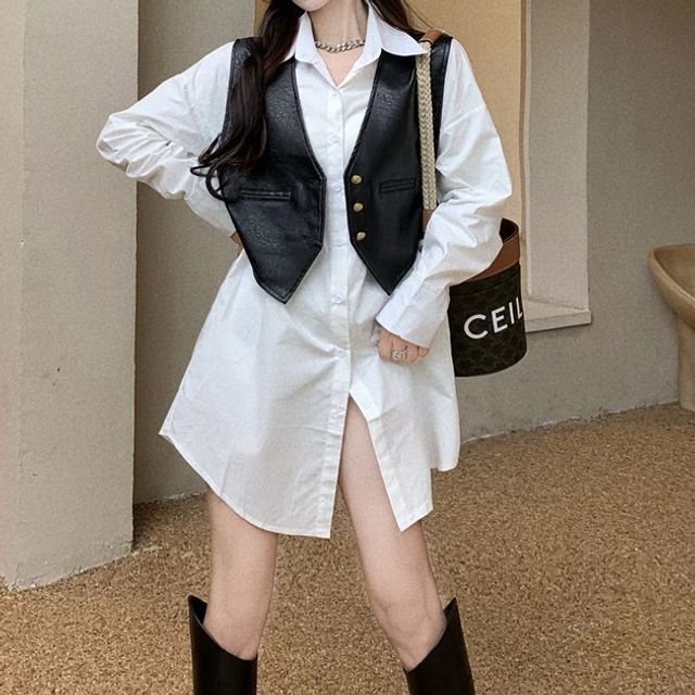 White T Shirt And Leather Skirt Outfit White Shirt Under Dress