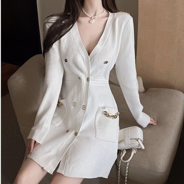 Zuwala - Long-Sleeve Double-Breasted Knit Mini Sheath Dress | YesStyle