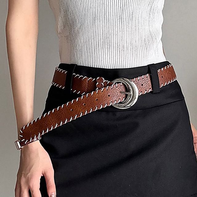 Rofuka-Contrast Stitching Faux Leather Belt