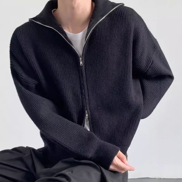 Savenne-Turtleneck Zip-Up Plain Cardigan