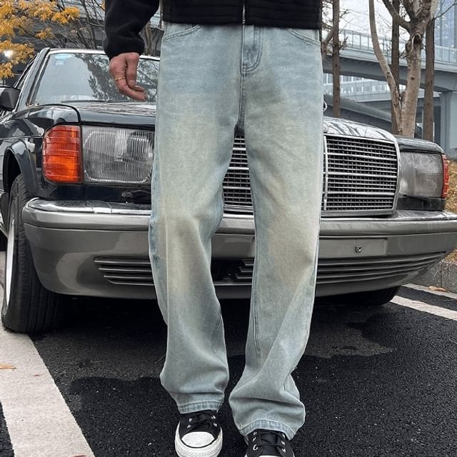 Diphon-Mid Rise Washed Straight Leg Jeans