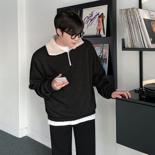 MRCYC-Half-Zip Plain Fluffy Trim Sweatshirt