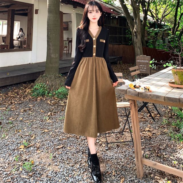 Smiler - Long-Sleeve V-Neck Two Tone Button Panel Corduroy Midi A-Line Dress  | YesStyle