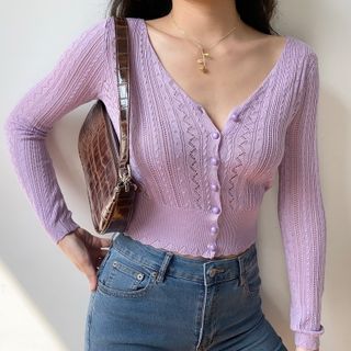 V-Neck Pointelle Cropped Cardigan 