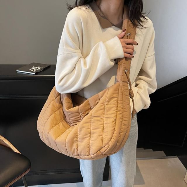EAVALURE-Plain Quilted Fabric Crossbody Bag