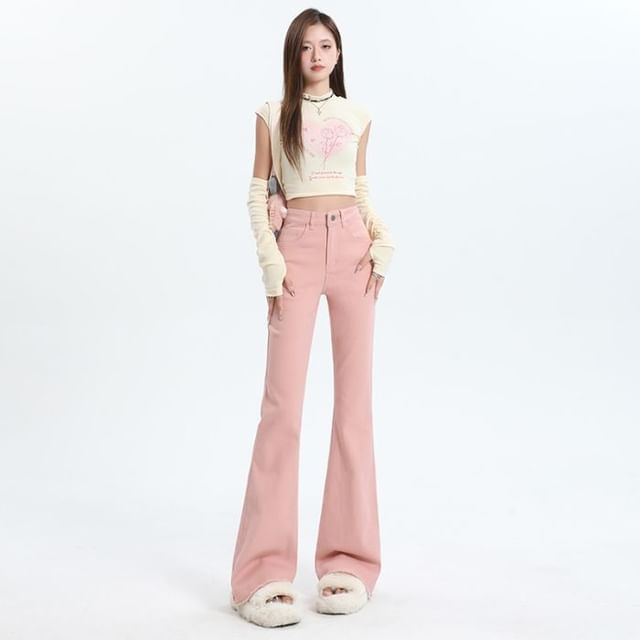 Denimot-Mid Waist Washed Frayed Flared Jeans