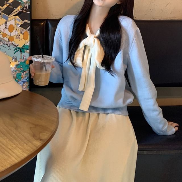 Beem-Tie Neck Two Tone Sweater