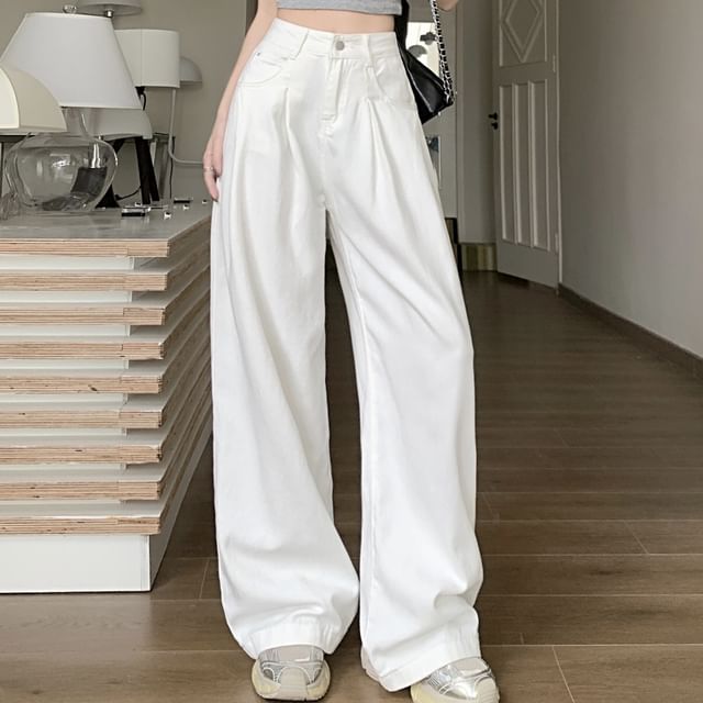 Yako-High Waist Plain Baggy Pants