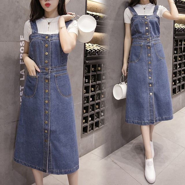 Happo-Washed Button Midi A-Line Denim Jumper Dress
