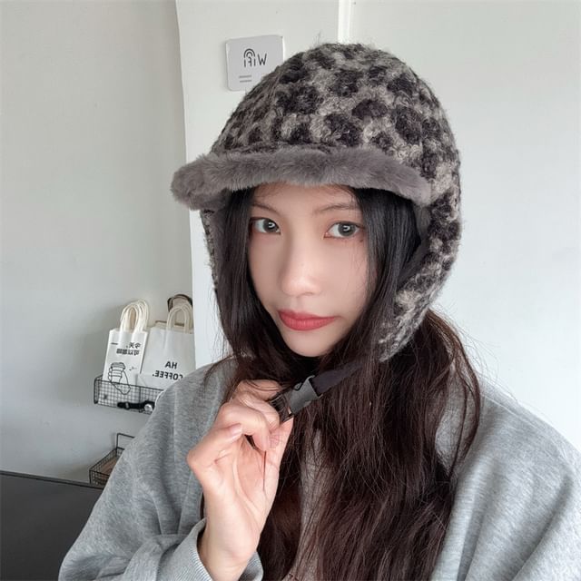 4-4 STUDIO-Leopard Print Fleece Trapper Hat