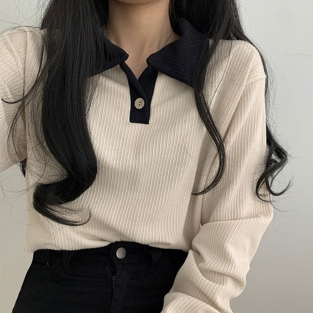 Long-Sleeve Contrast Collar Knit Polo Shirt