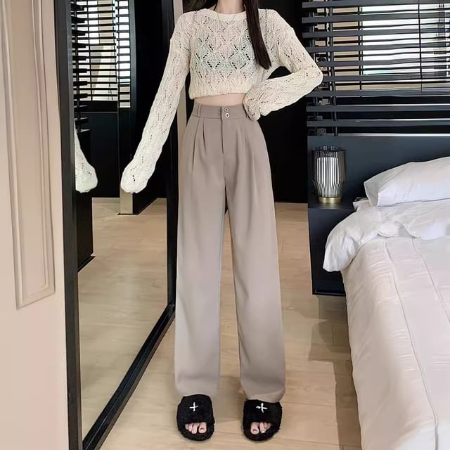 Dovitade-High Rise Plain Straight Leg Slacks