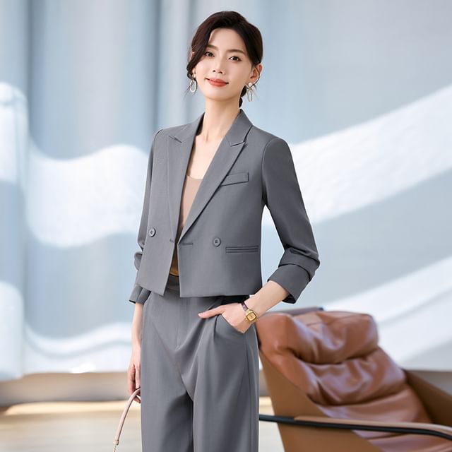 Princess Min-Lapel Collar Plain Double Breasted Blazer Mid Rise Plain Wide Leg Dress Pants