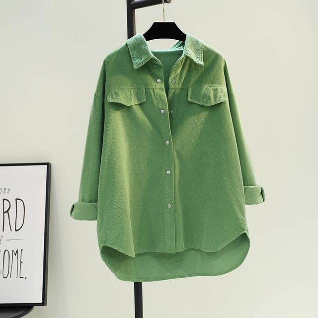 Sienne-Long-Sleeve Collared Plain Corduroy Shirt