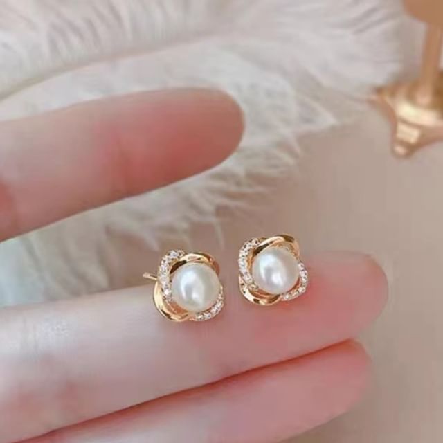 Chimerro-Rhinestone Faux Pearl Ear Stud