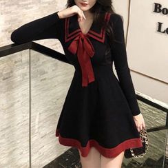 Metonymph - Long-Sleeve Bow Accent Collared Mini A-Line Dress