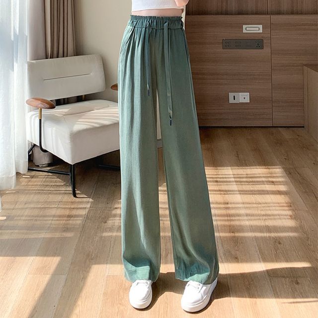 Everose-Drawstring Waist Plain Straight Leg Pants