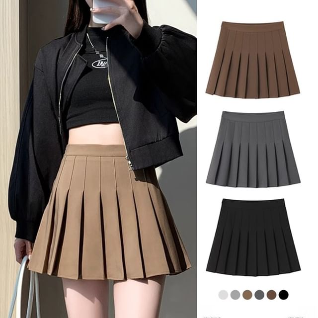Fanoy - High Rise Plain Pleated Mini A-Line Skirt | YesStyle