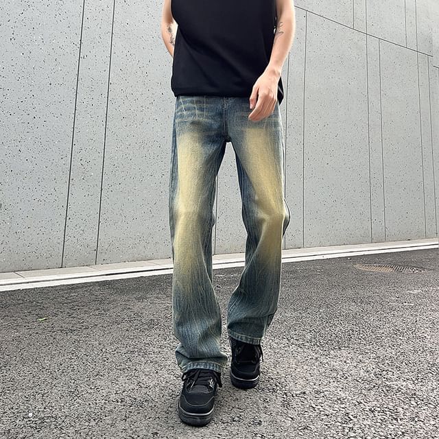 POSI-Mid Rise Washed Straight Leg Jeans