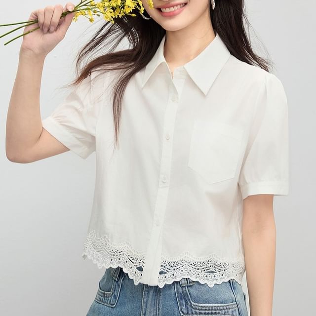 Jeonseon-Short Sleeve Collared Plain Panel Lace Shirt