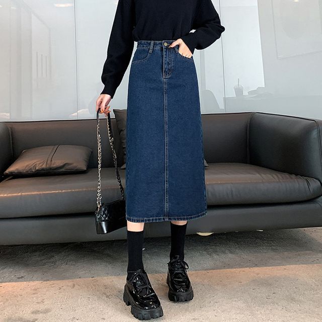 reiny - High Waist A-Line Denim Midi Skirt | YesStyle