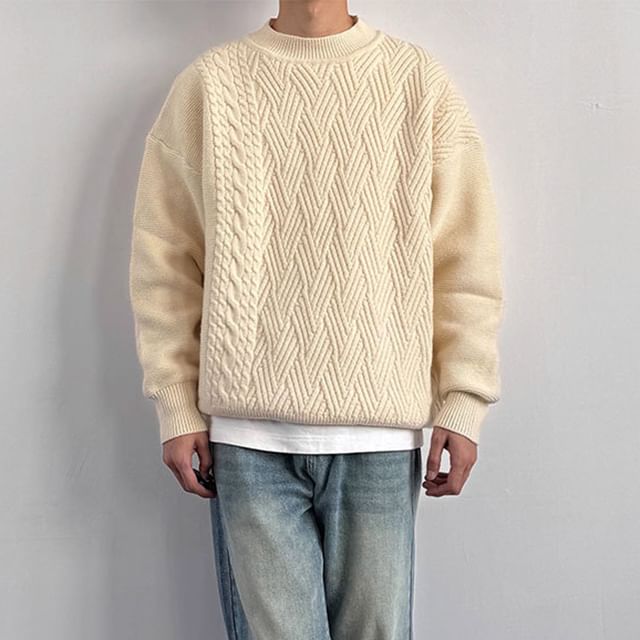 Phoneus-Crewneck Cable Knit Plain Sweater