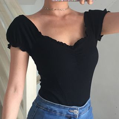 BERAN STUDIO - Short-Sleeve Frill Trim Ribbed T-Shirt BERAN STUDIO - Short-Sleeve Frill Trim Ribbed T-Shirt